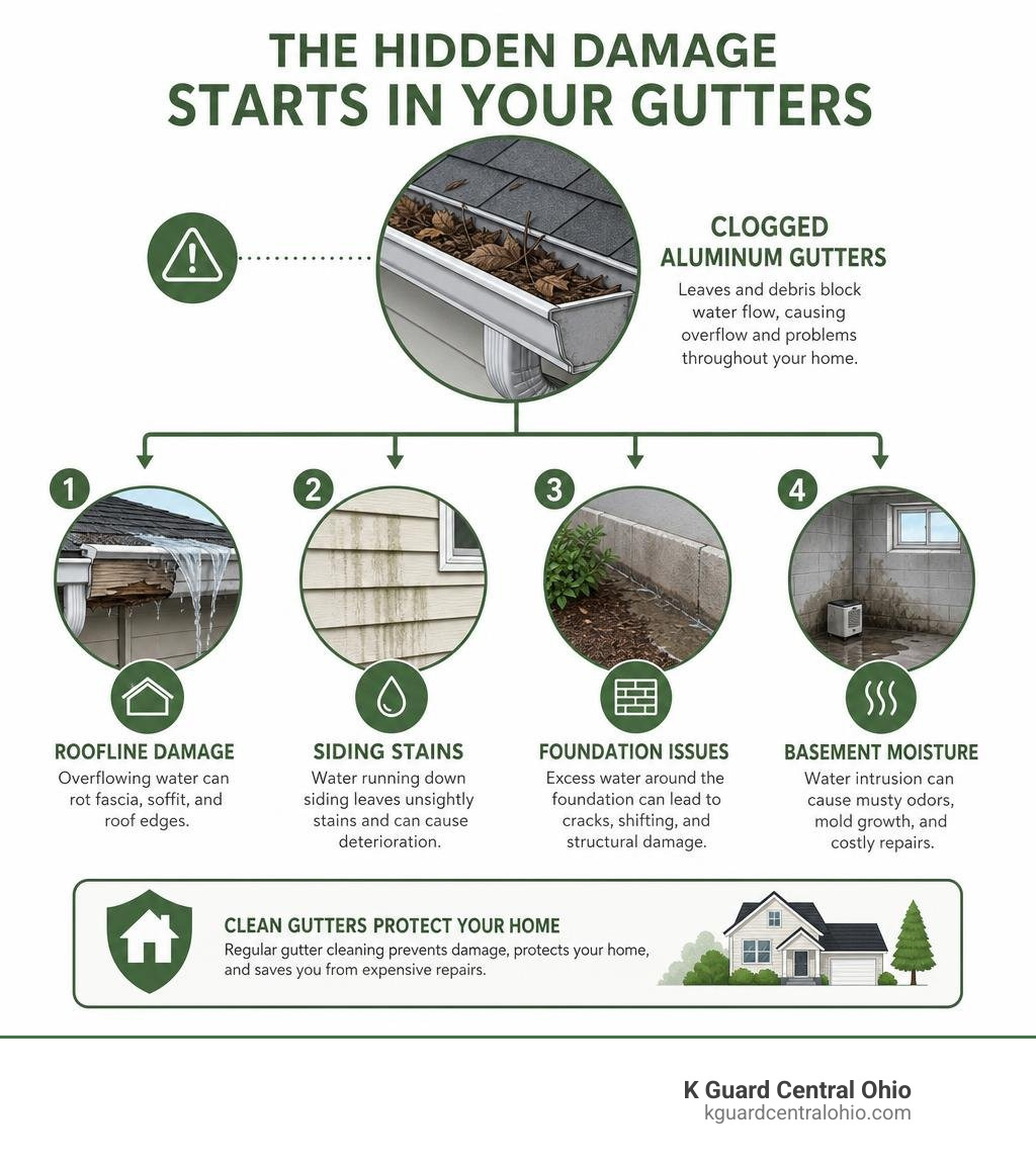 Infographic showing how clogged aluminum gutters lead to roofline damage, siding stains, foundation issues, and basement
