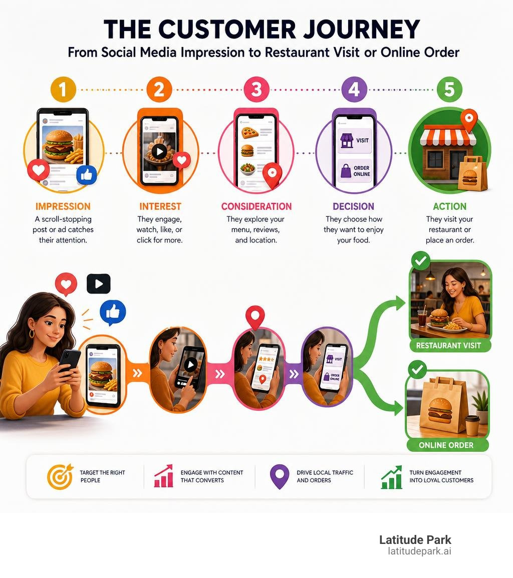 Customer journey from social media impression to restaurant visit or online order infographic infographic