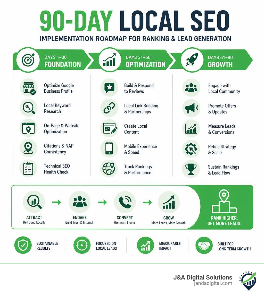 90-day local SEO implementation roadmap for ranking and lead generation infographic 90-day local SEO implementation roadmap for ranking and lead generation infographic