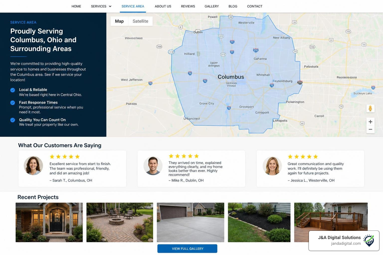 local service area page with map reviews and project photos local service area page with map reviews and project photos