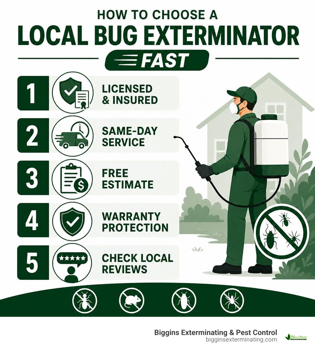 Infographic: How to choose a local bug exterminator fast - 5 key steps including licensing, same-day service, free estimate