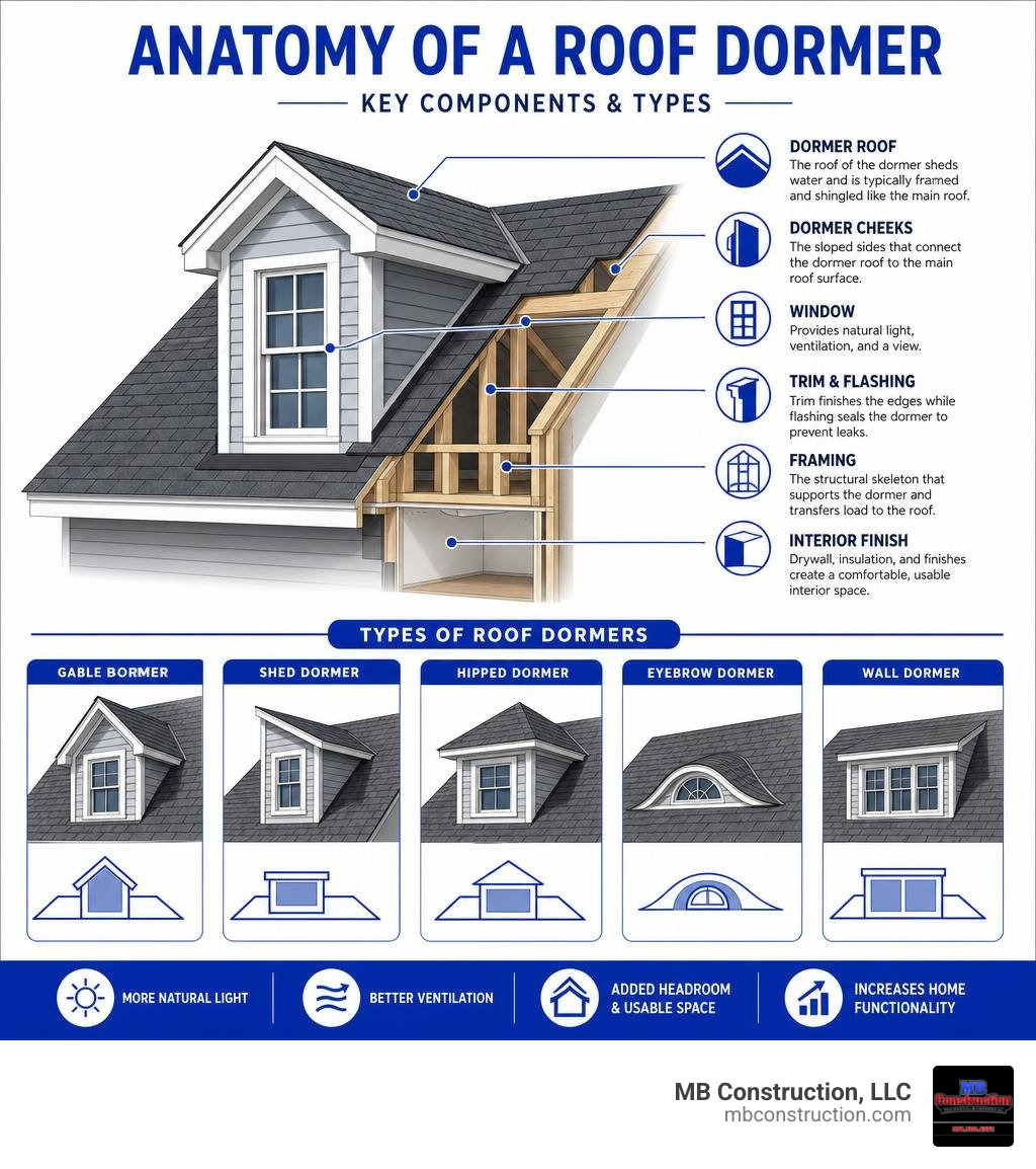 Anatomy of a roof dormer infographic showing key components and types infographic