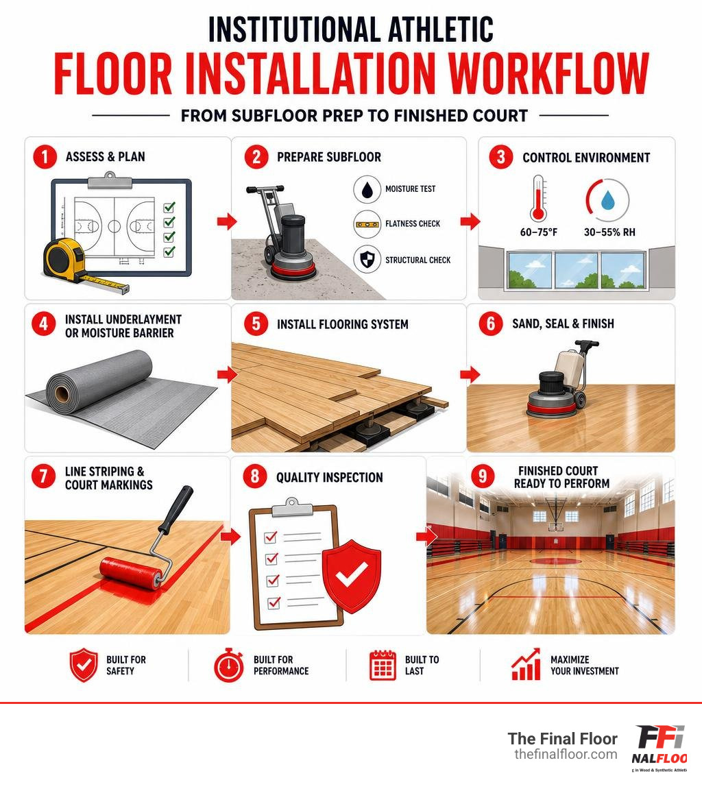 Institutional athletic floor installation workflow from subfloor prep to finished court infographic Institutional athletic floor installation workflow from subfloor prep to finished court infographic