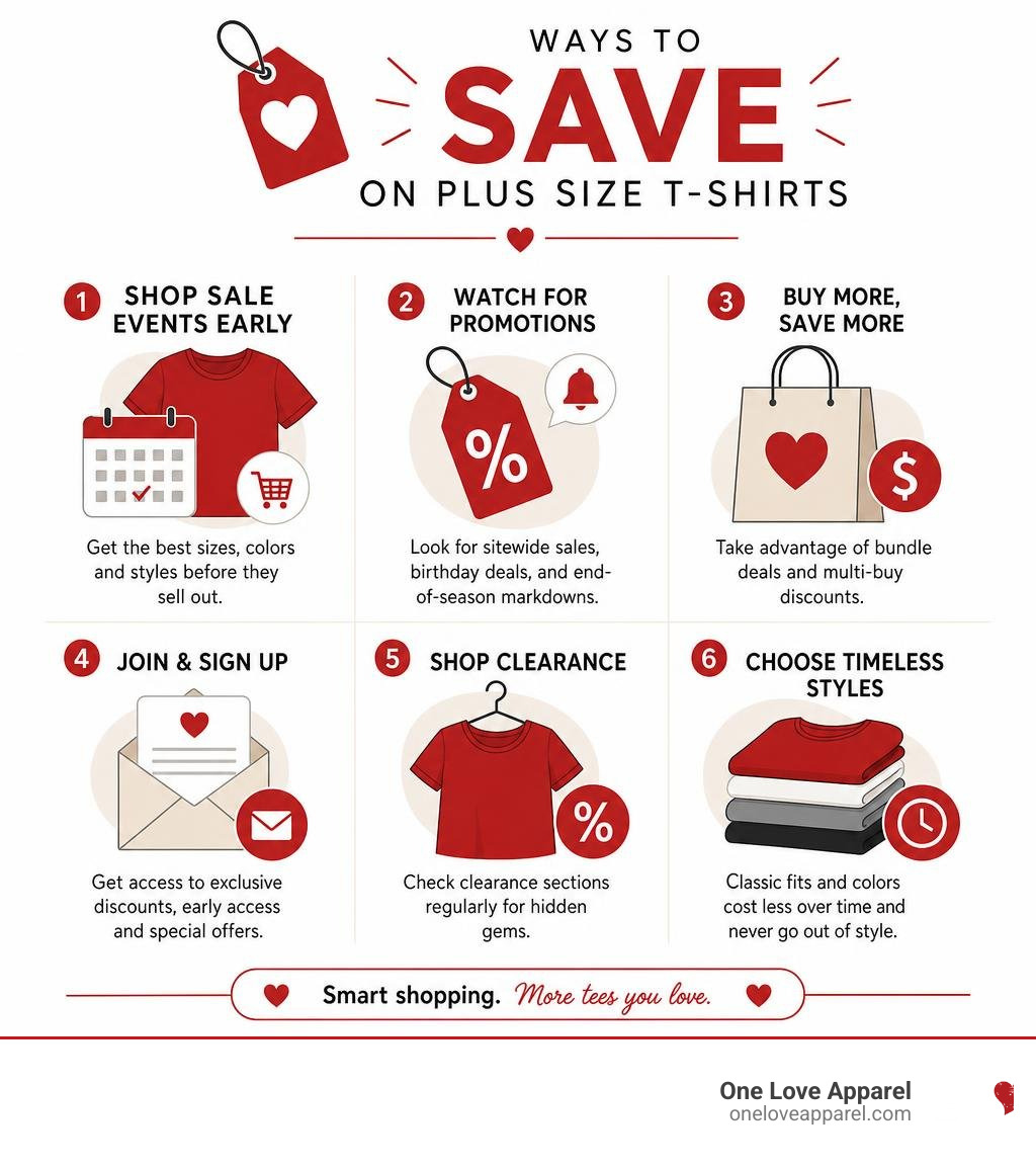 Infographic showing ways to save on plus size t shirts infographic