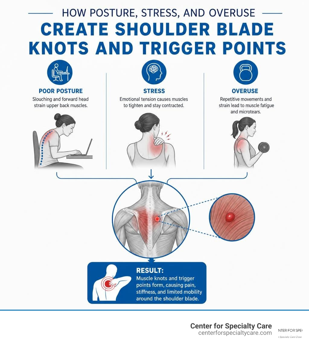 Infographic showing how posture, stress, and overuse create shoulder blade knots and trigger points infographic Infographic showing how posture, stress, and overuse create shoulder blade knots and trigger points infographic