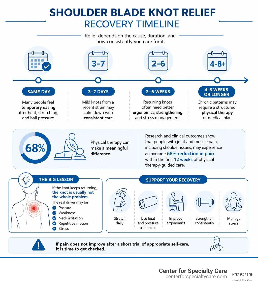 Infographic showing recovery timeline for shoulder blade knot relief infographic Infographic showing recovery timeline for shoulder blade knot relief infographic