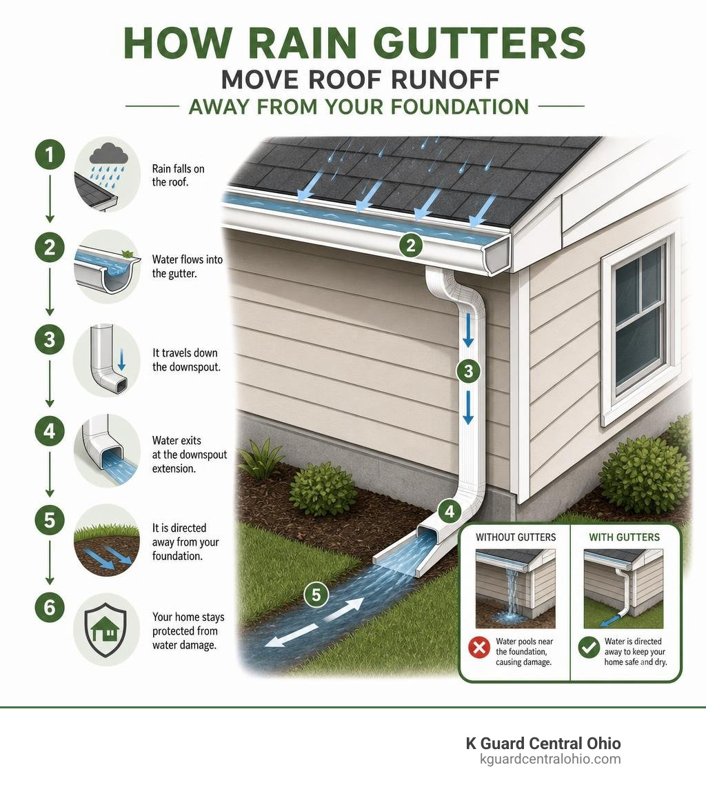 Step-by-step overview of how rain gutters move roof runoff away from a house's foundation infographic Step-by-step overview of how rain gutters move roof runoff away from a house's foundation infographic