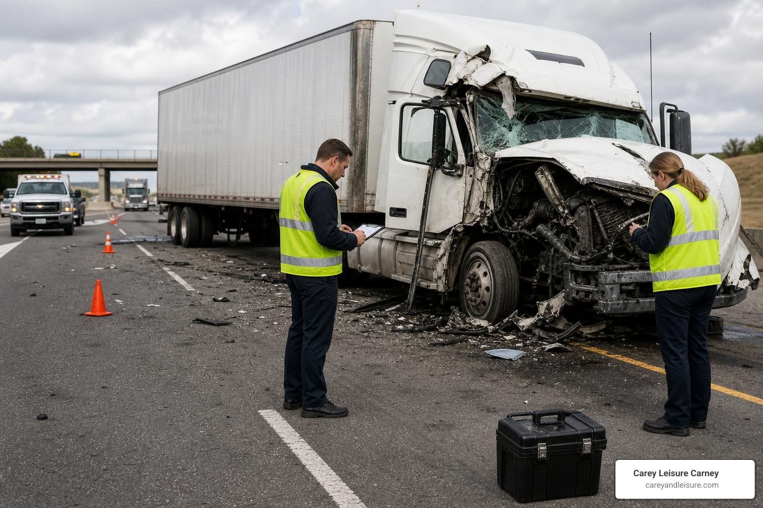truck crash investigators reviewing a tractor trailer scene