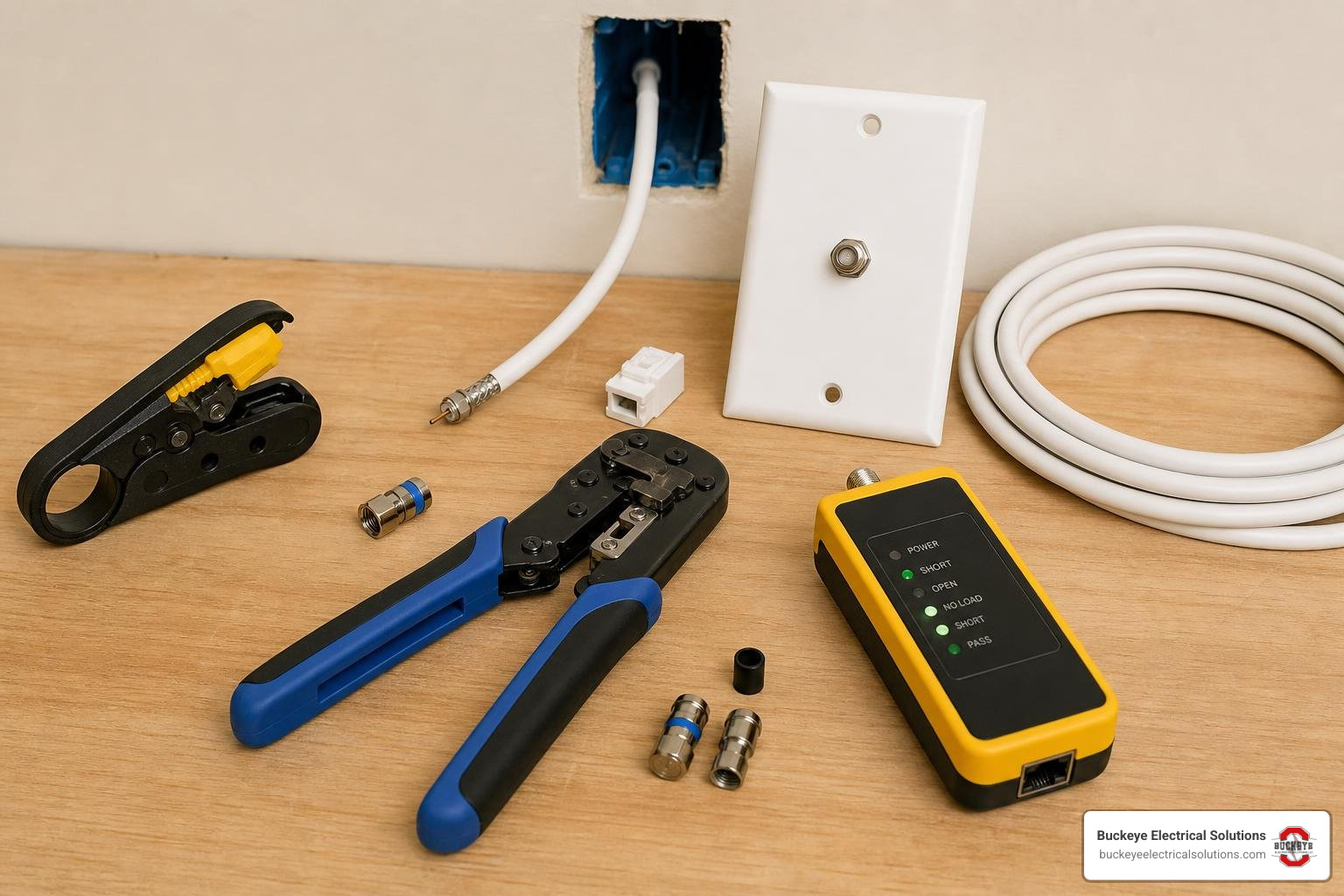 electrician tools for coax outlet installation with cable stripper crimper tester and wall plate