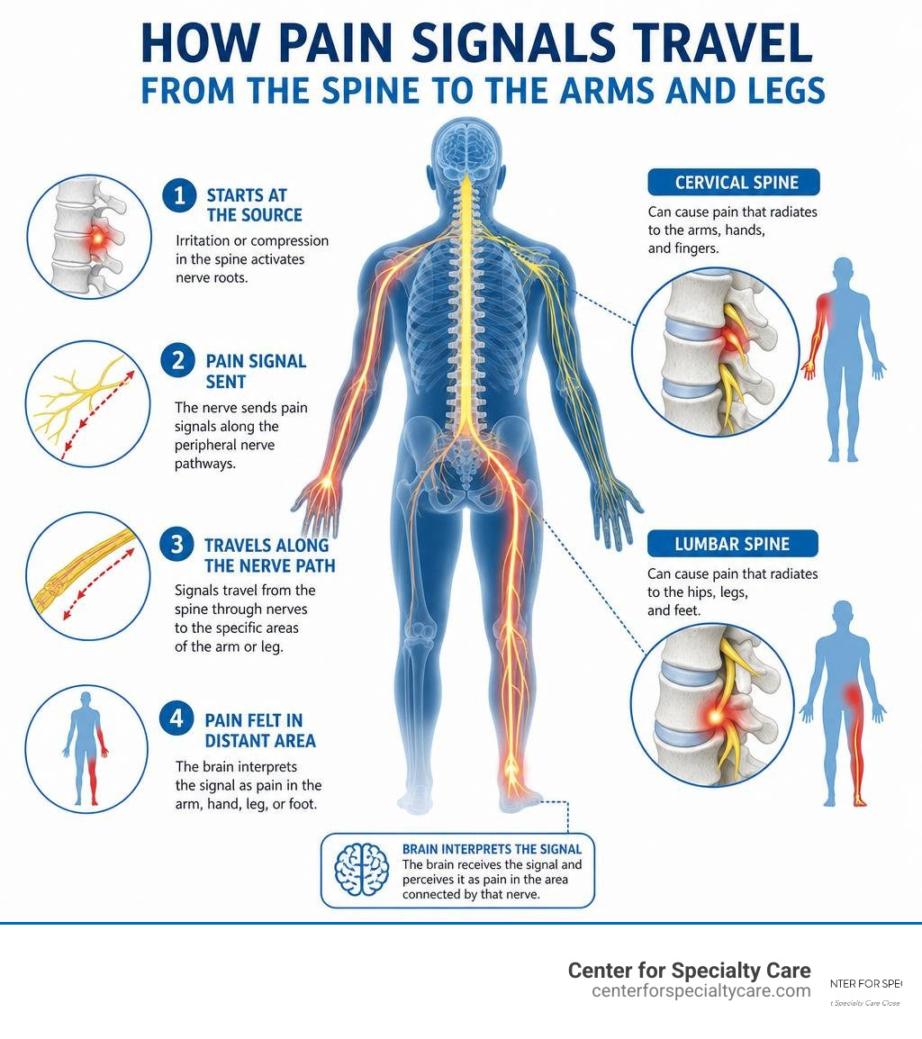 Infographic showing how pain signals travel from the spine to the arms and legs along nerve pathways infographic