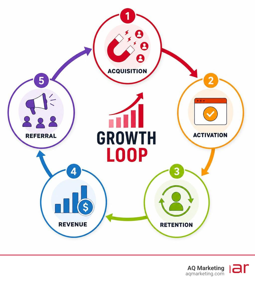 Startup growth marketing loop showing acquisition, activation, retention, revenue, and referral cycle infographic