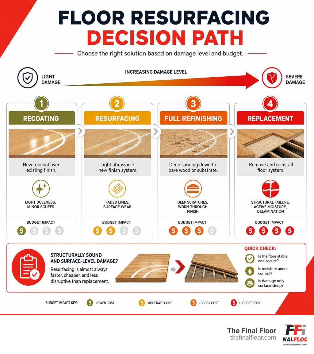 Floor resurfacing decision path infographic: recoating vs resurfacing vs refinishing vs replacement by damage level and Floor resurfacing decision path infographic: recoating vs resurfacing vs refinishing vs replacement by damage level and
