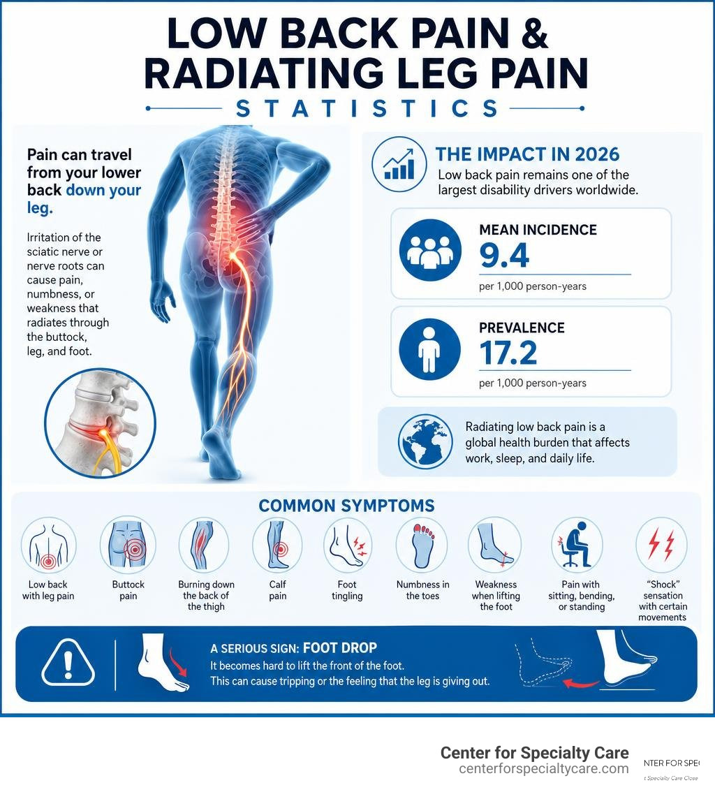 Low back pain and radiating leg pain statistics infographic infographic