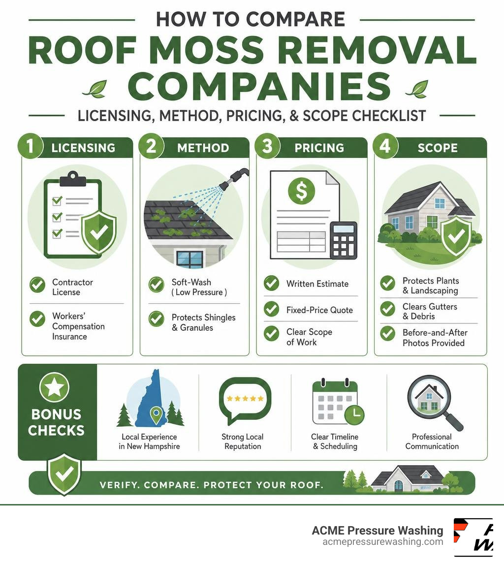 How to compare roof moss removal companies: licensing, method, pricing, and scope checklist infographic