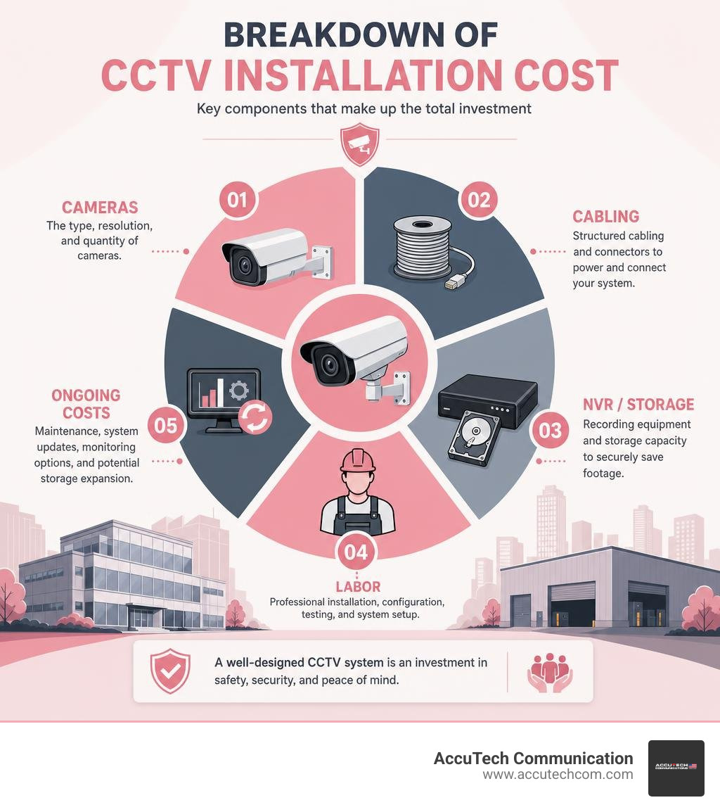 Infographic showing CCTV installation cost components: cameras, cabling, NVR/storage, labor, and ongoing costs infographic Infographic showing CCTV installation cost components: cameras, cabling, NVR/storage, labor, and ongoing costs infographic