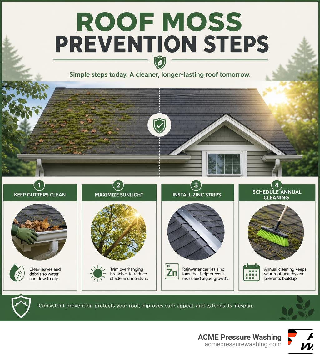 roof moss prevention steps including gutters, sunlight, zinc strips, and annual cleaning infographic