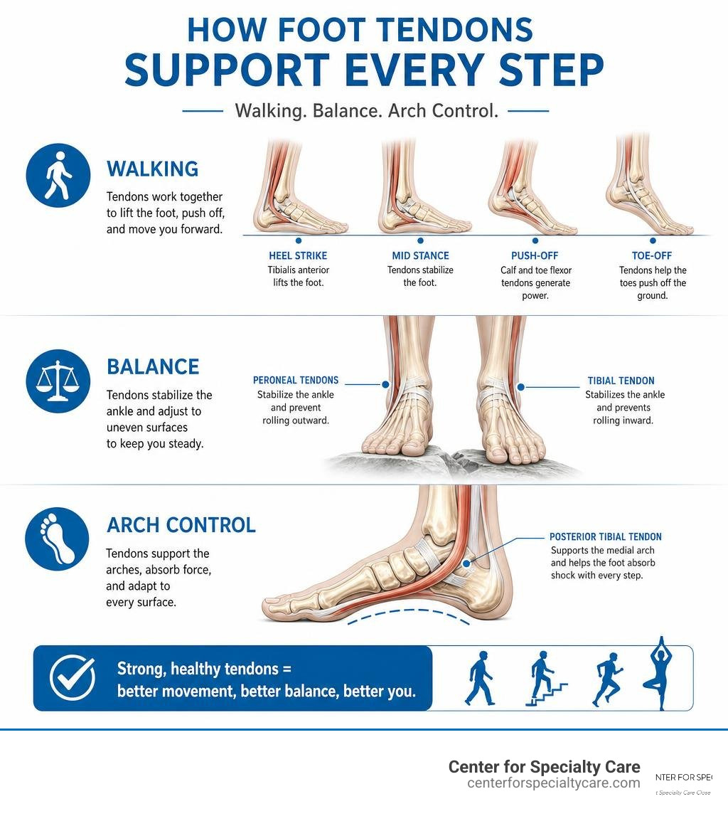 Infographic showing how foot tendons support walking, balance, and arch control infographic Infographic showing how foot tendons support walking, balance, and arch control infographic