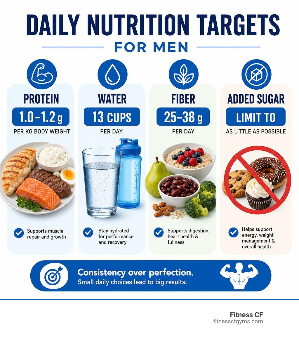 Infographic showing daily nutrition targets for men: protein, water, fiber, and added sugar limits infographic