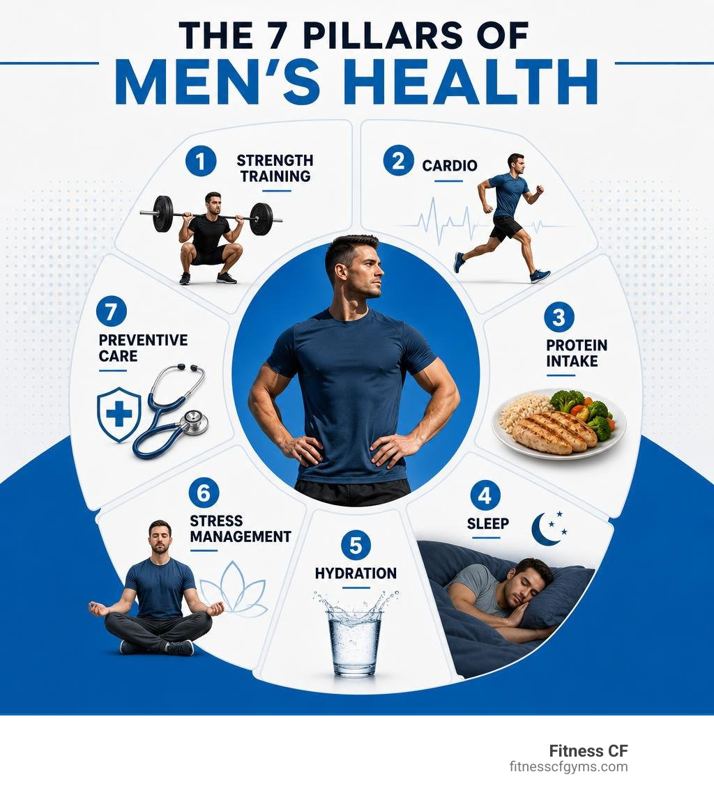 Infographic showing the 7 pillars of men's health: strength training, cardio, protein intake, sleep, hydration, stress