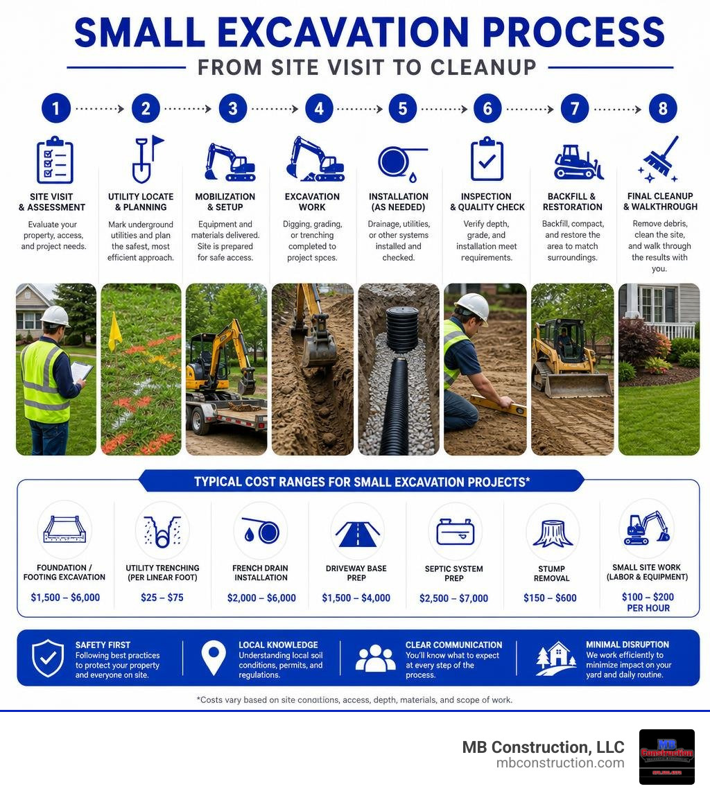 Small excavation process infographic from site visit to cleanup with steps and cost ranges infographic