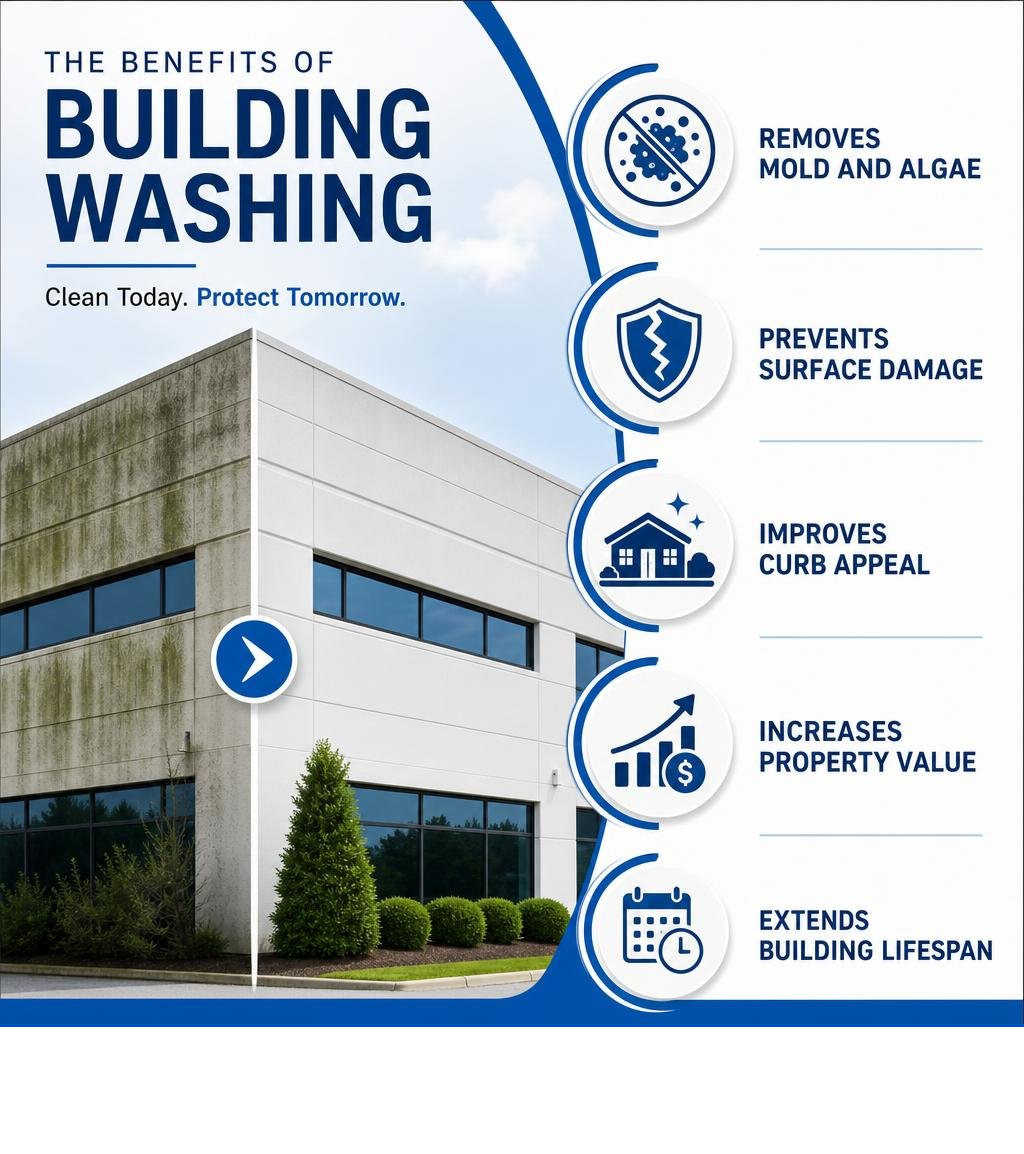 Infographic showing building washing benefits: removes mold and algae, prevents surface damage, improves curb appeal Infographic showing building washing benefits: removes mold and algae, prevents surface damage, improves curb appeal