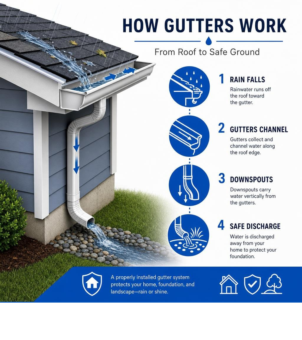 Infographic showing how gutters channel rainwater from roof edge through downspouts to safe ground discharge infographic Infographic showing how gutters channel rainwater from roof edge through downspouts to safe ground discharge infographic
