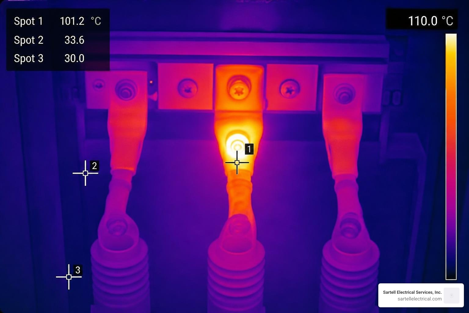 Thermal imaging scan showing a severe hotspot on a medium-voltage switchgear bus connection
