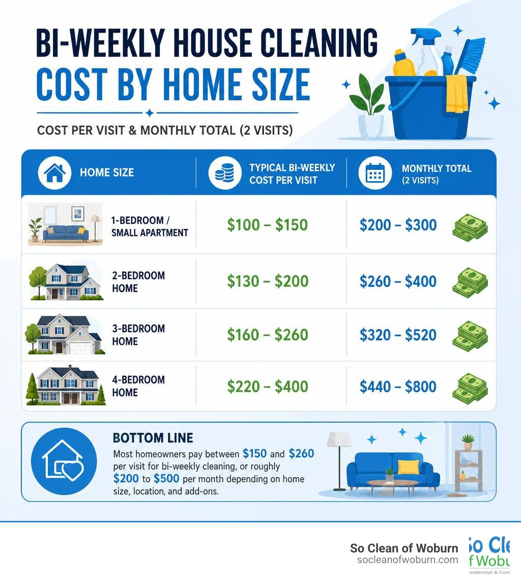 Infographic showing bi-weekly house cleaning cost ranges by home size and monthly totals infographic