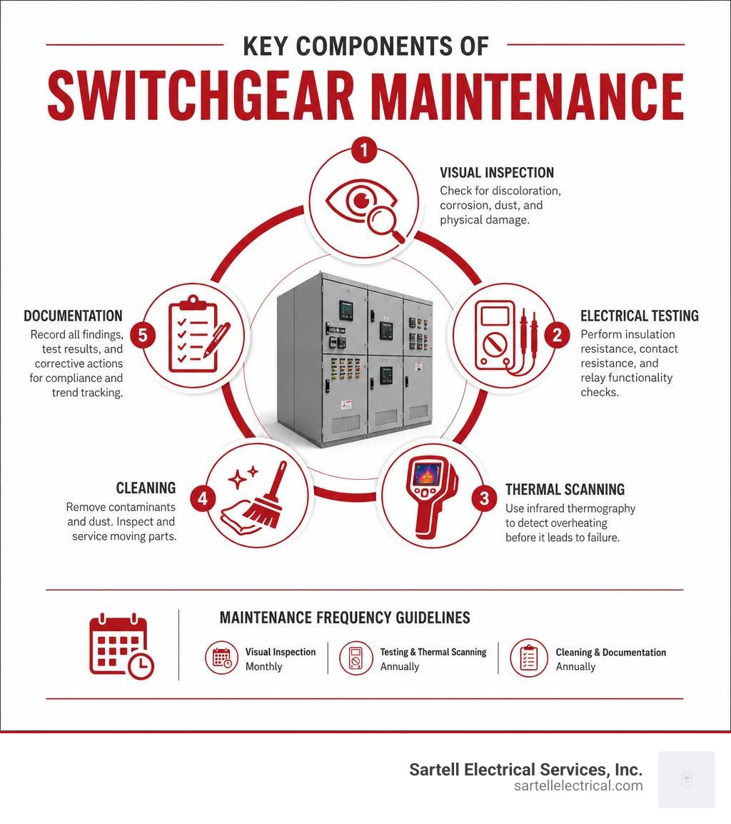 Infographic showing key components of switchgear maintenance: visual inspection, electrical testing, thermal scanning