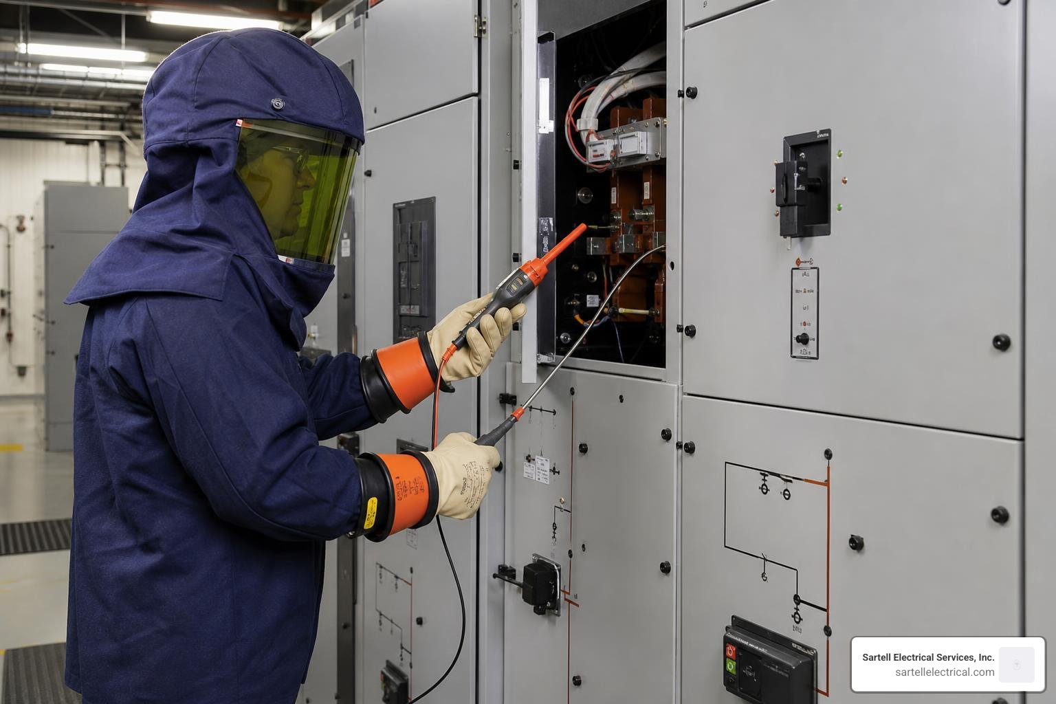 Qualified electrician wearing full arc flash personal protective equipment (PPE) performing a voltage verification test on