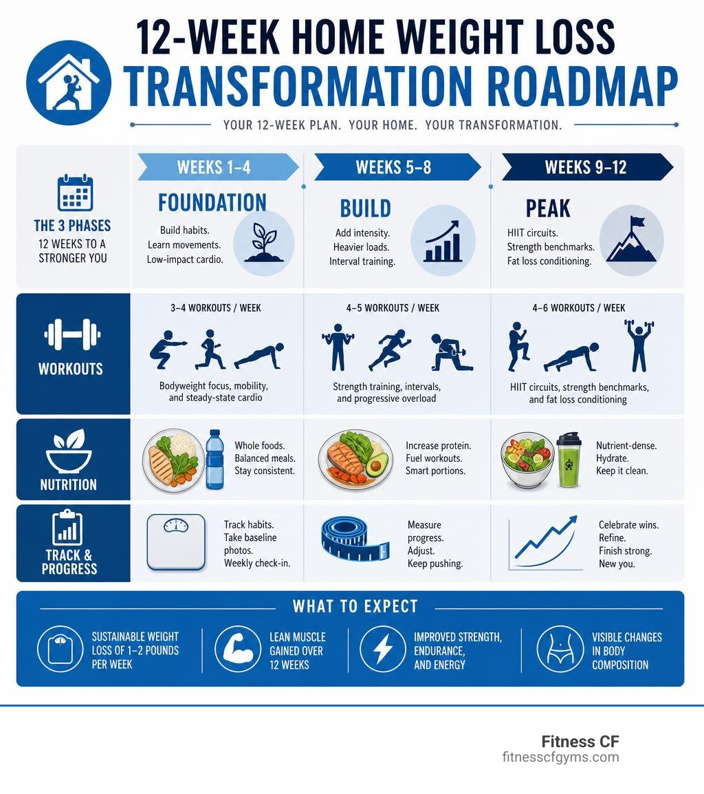 12-week home weight loss transformation roadmap with phases, workouts, nutrition, and tracking steps infographic