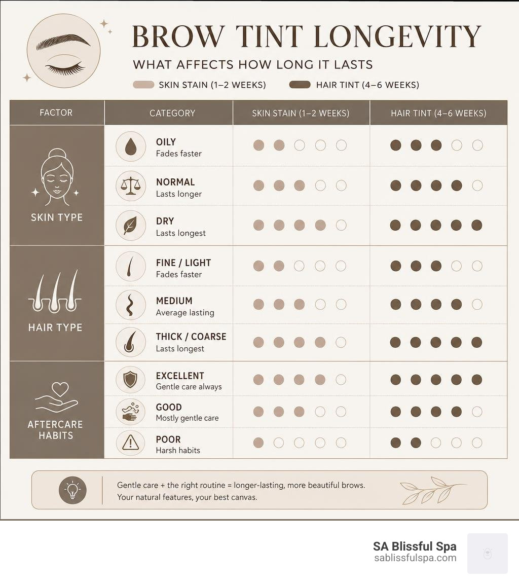 Table comparing brow tint longevity based on skin type, hair type, and aftercare habits infographic Table comparing brow tint longevity based on skin type, hair type, and aftercare habits infographic