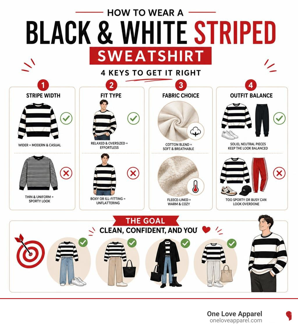 Infographic showing stripe width, fit type, fabric choice, and outfit balance for black and white striped sweatshirts Infographic showing stripe width, fit type, fabric choice, and outfit balance for black and white striped sweatshirts