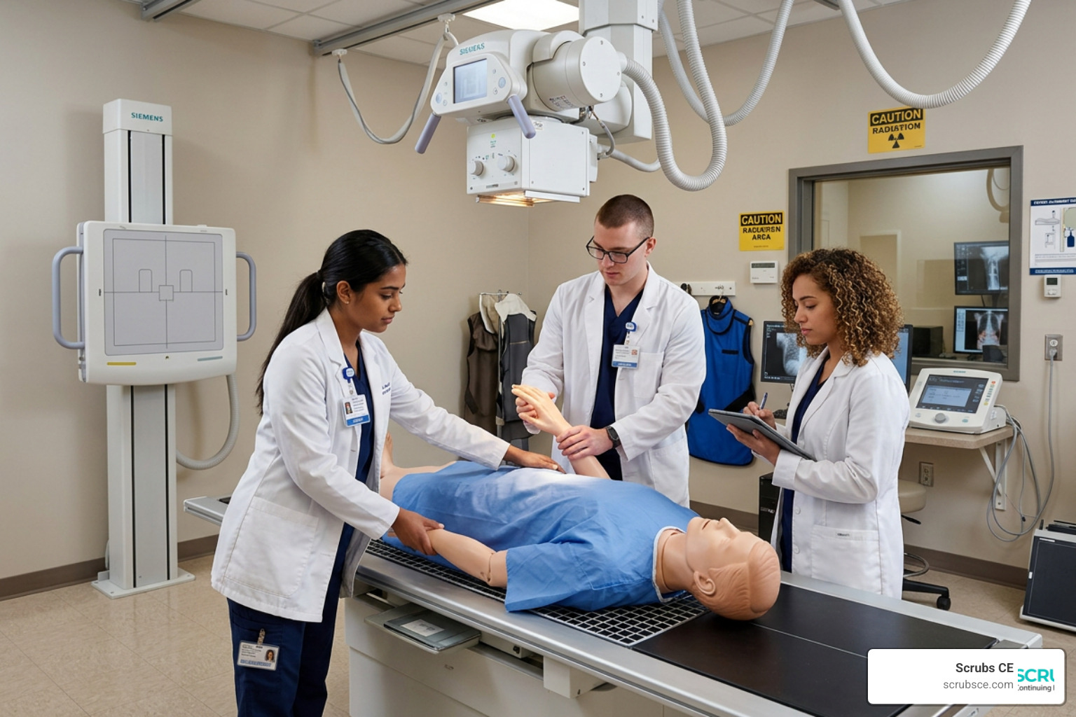 Radiology students practicing patient positioning in a lab Radiology students practicing patient positioning in a lab