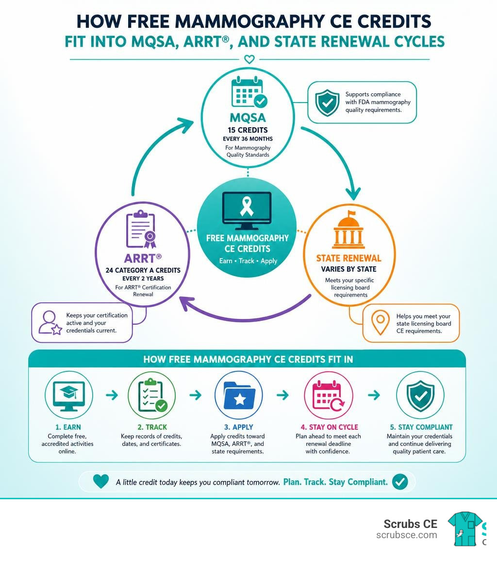 Infographic showing how free mammography CE credits fit into MQSA, ARRT®, and state renewal cycles infographic Infographic showing how free mammography CE credits fit into MQSA, ARRT®, and state renewal cycles infographic