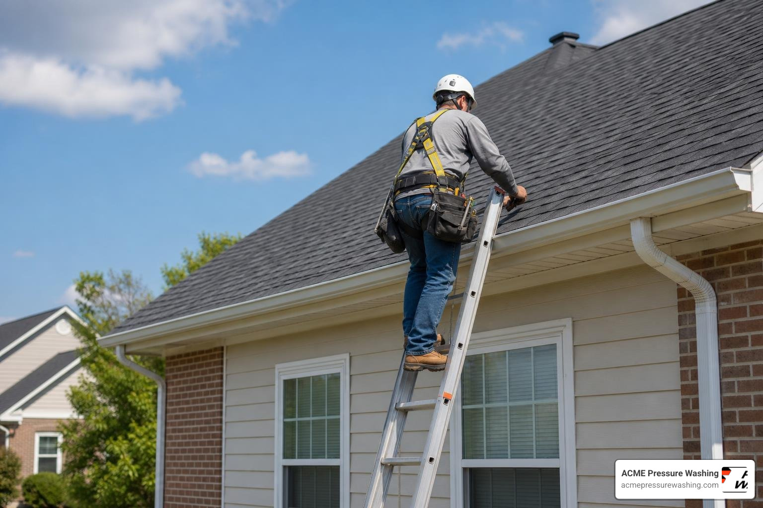 safety harness and ladder setup near a roof