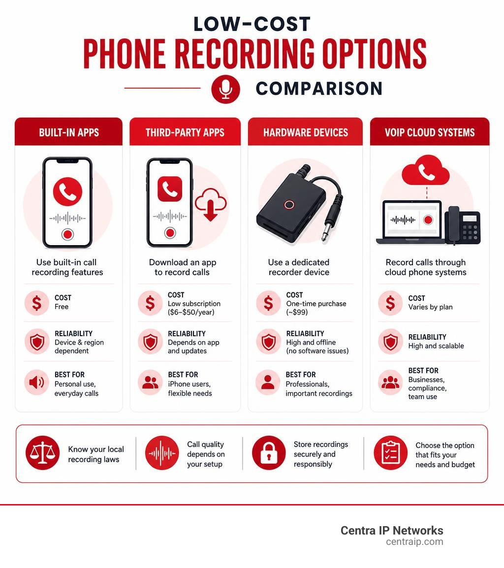 Low-cost phone recording options comparison: built-in apps, third-party apps, hardware devices, and VoIP cloud systems Low-cost phone recording options comparison: built-in apps, third-party apps, hardware devices, and VoIP cloud systems