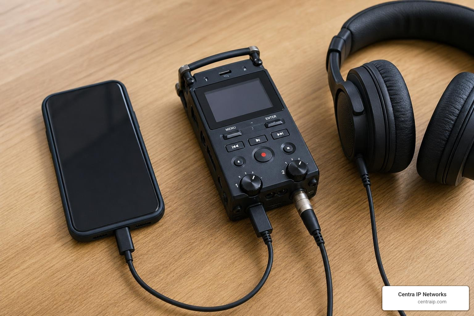 Wired headset hardware recording chain showing connections between phone, adapter, and recorder Wired headset hardware recording chain showing connections between phone, adapter, and recorder
