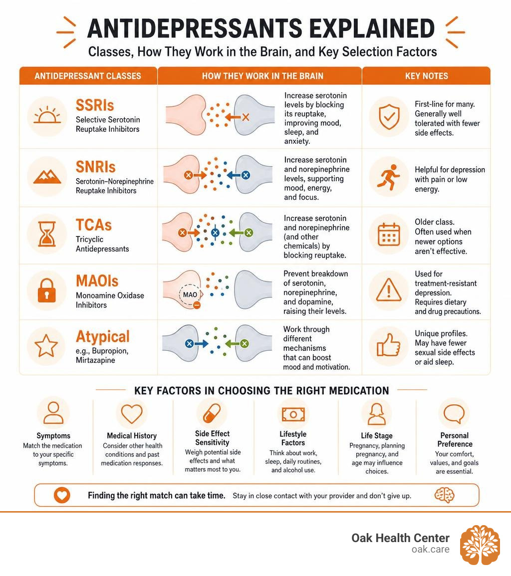 Infographic showing antidepressant classes, how they work in the brain, and key selection factors infographic Infographic showing antidepressant classes, how they work in the brain, and key selection factors infographic