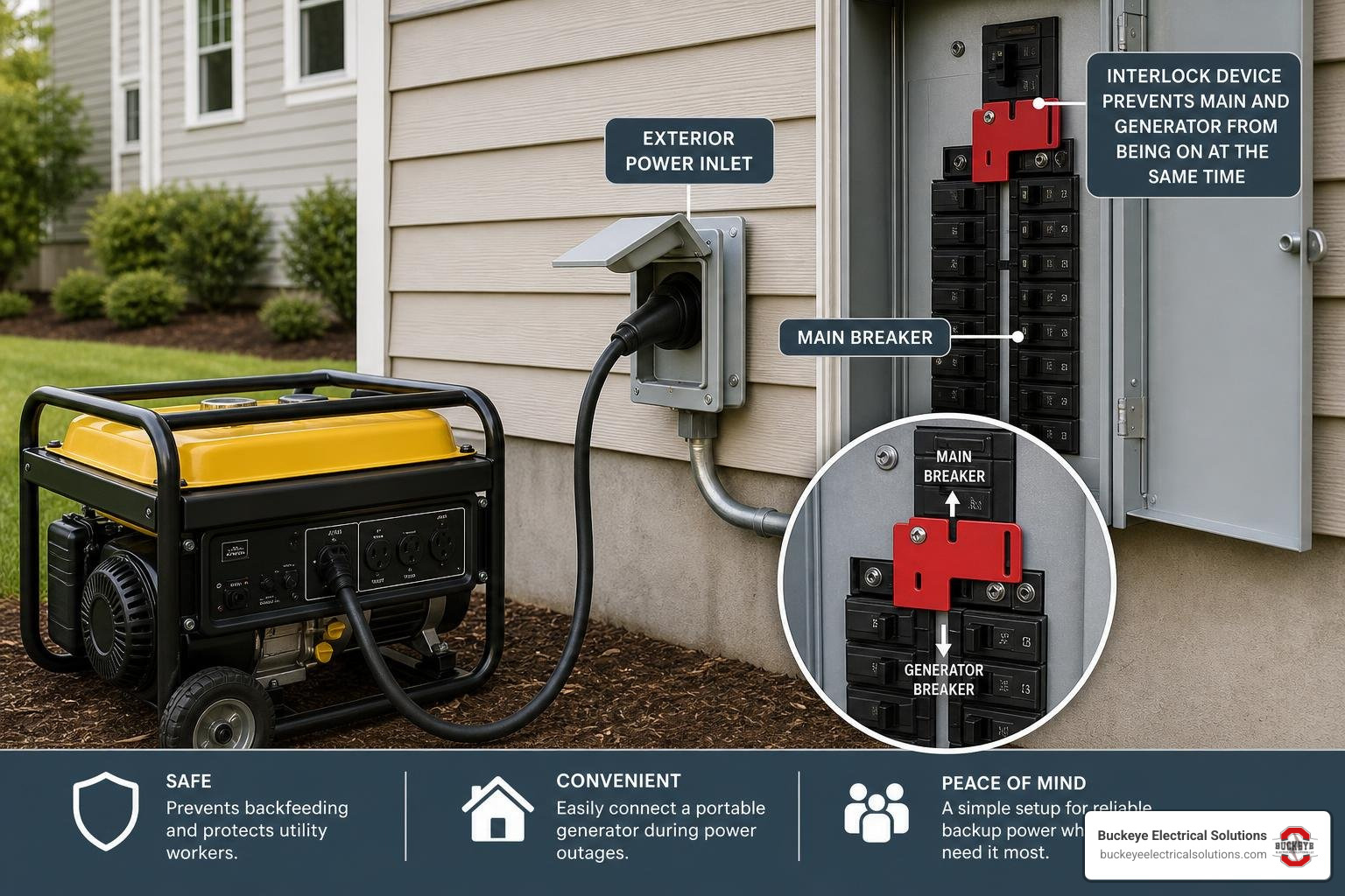 portable generator connected to a home through a safe exterior inlet and interlock setup