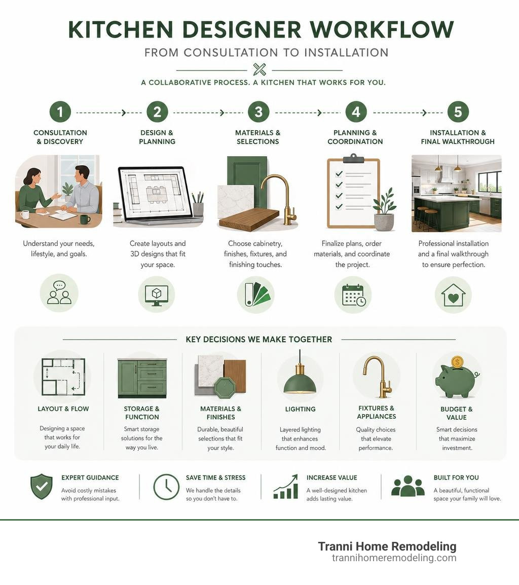 Kitchen designer workflow infographic: consultation to installation steps and key decisions infographic
