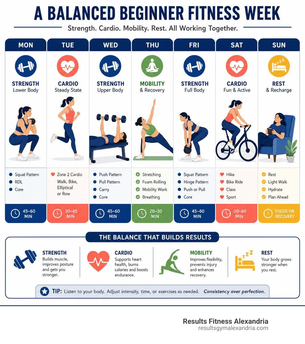 A balanced beginner fitness week showing the integration of strength, cardio, mobility, and rest infographic A balanced beginner fitness week showing the integration of strength, cardio, mobility, and rest infographic