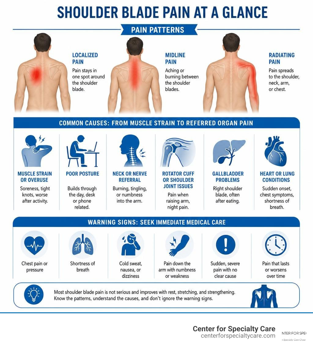 Infographic showing shoulder blade pain patterns, causes from muscle strain to referred organ pain, and warning signs