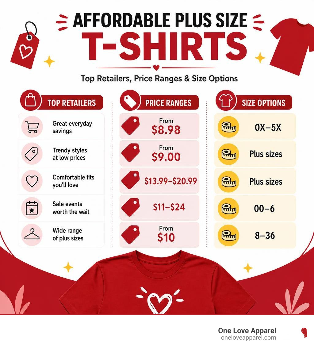Infographic showing top retailers, price ranges, and size options for affordable plus size t-shirts infographic