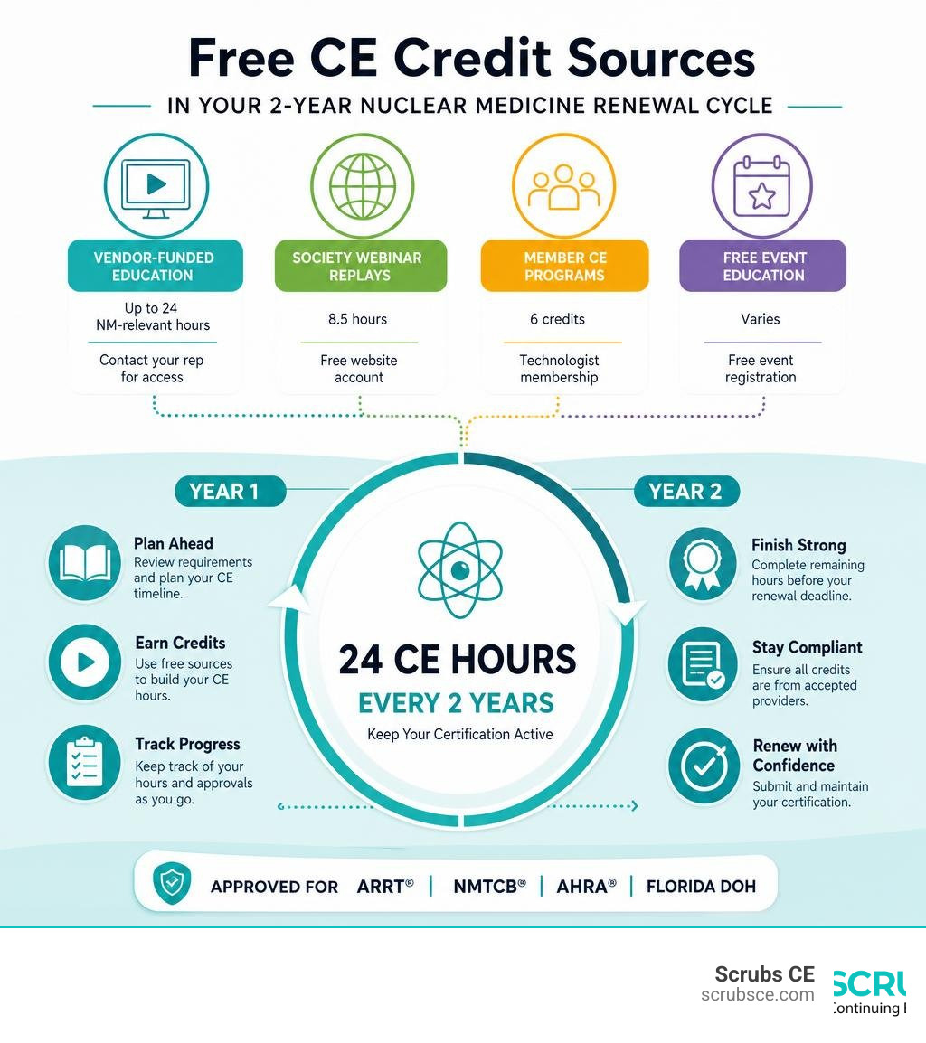 Infographic showing free CE credit sources and how they fit into a two-year nuclear medicine renewal cycle infographic Infographic showing free CE credit sources and how they fit into a two-year nuclear medicine renewal cycle infographic