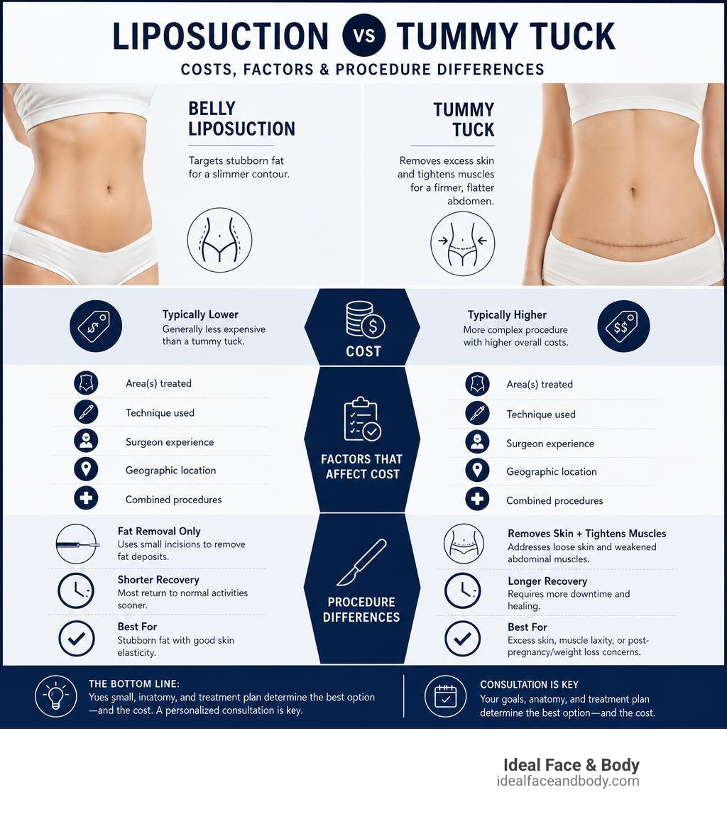 Infographic comparing belly liposuction vs tummy tuck costs, factors, and procedure differences infographic Infographic comparing belly liposuction vs tummy tuck costs, factors, and procedure differences infographic