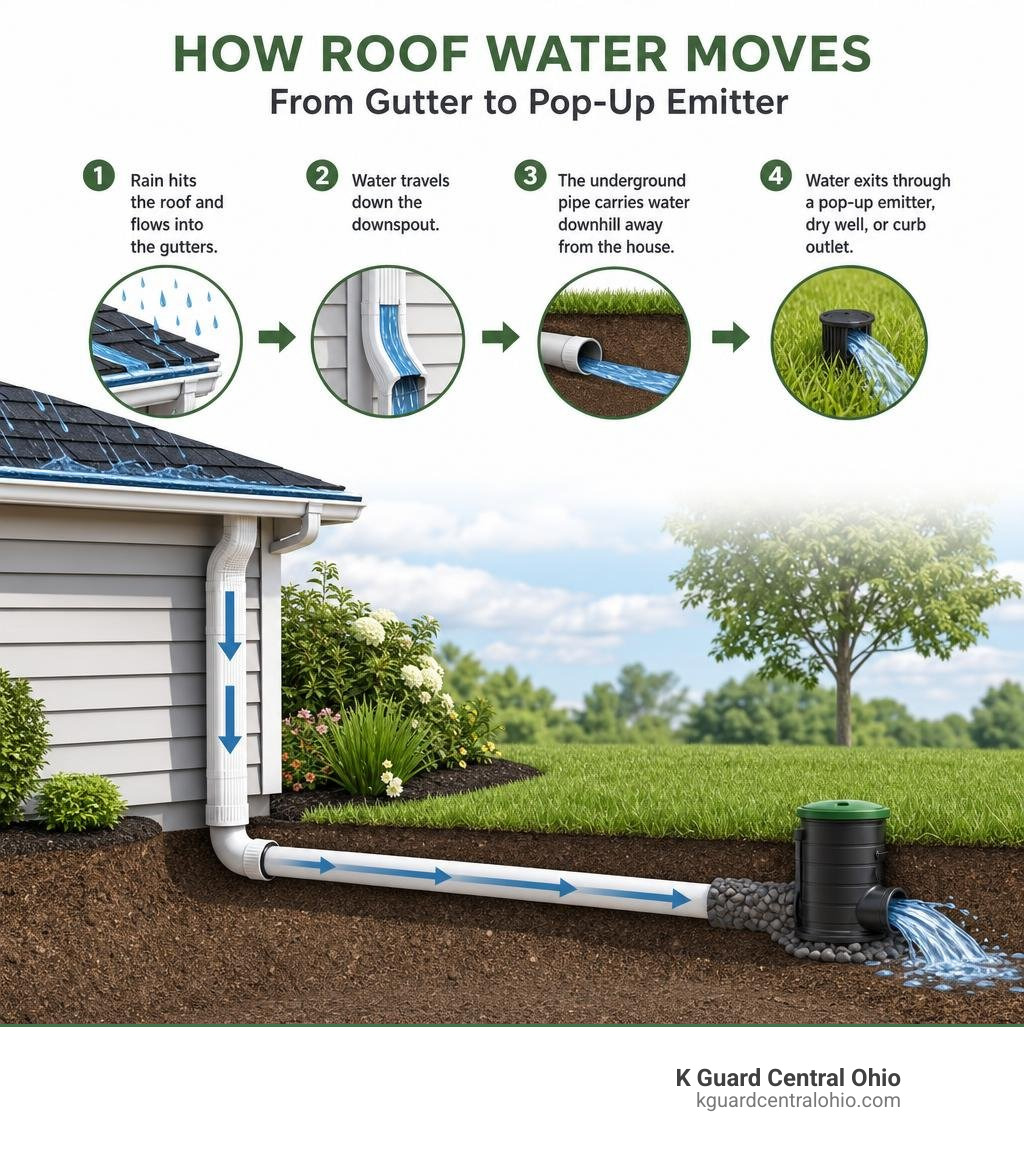 How roof water moves from gutter to downspout to underground pipe to pop-up emitter discharge point infographic