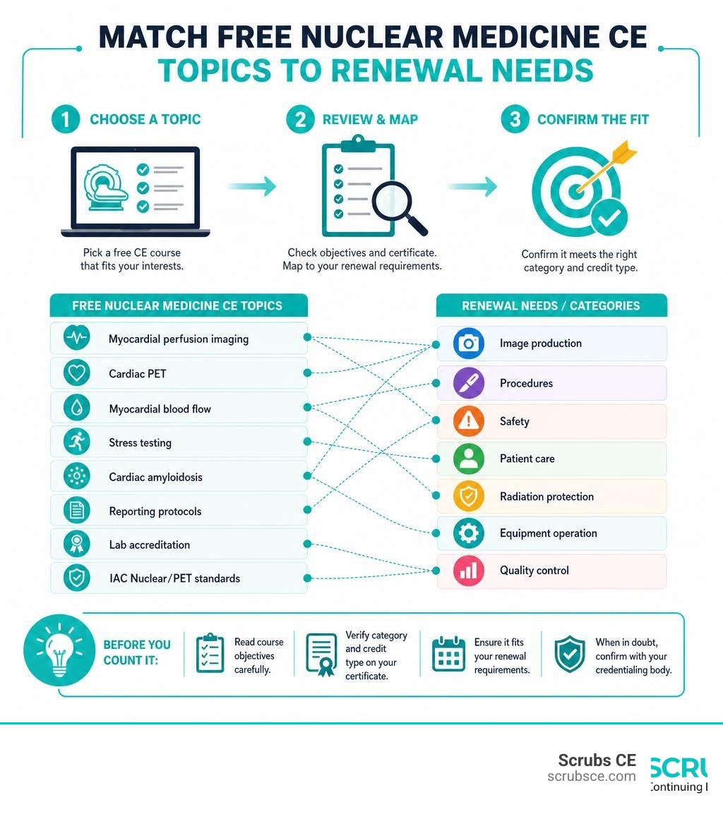 Infographic showing how to match free nuclear medicine CE topics to renewal needs infographic Infographic showing how to match free nuclear medicine CE topics to renewal needs infographic