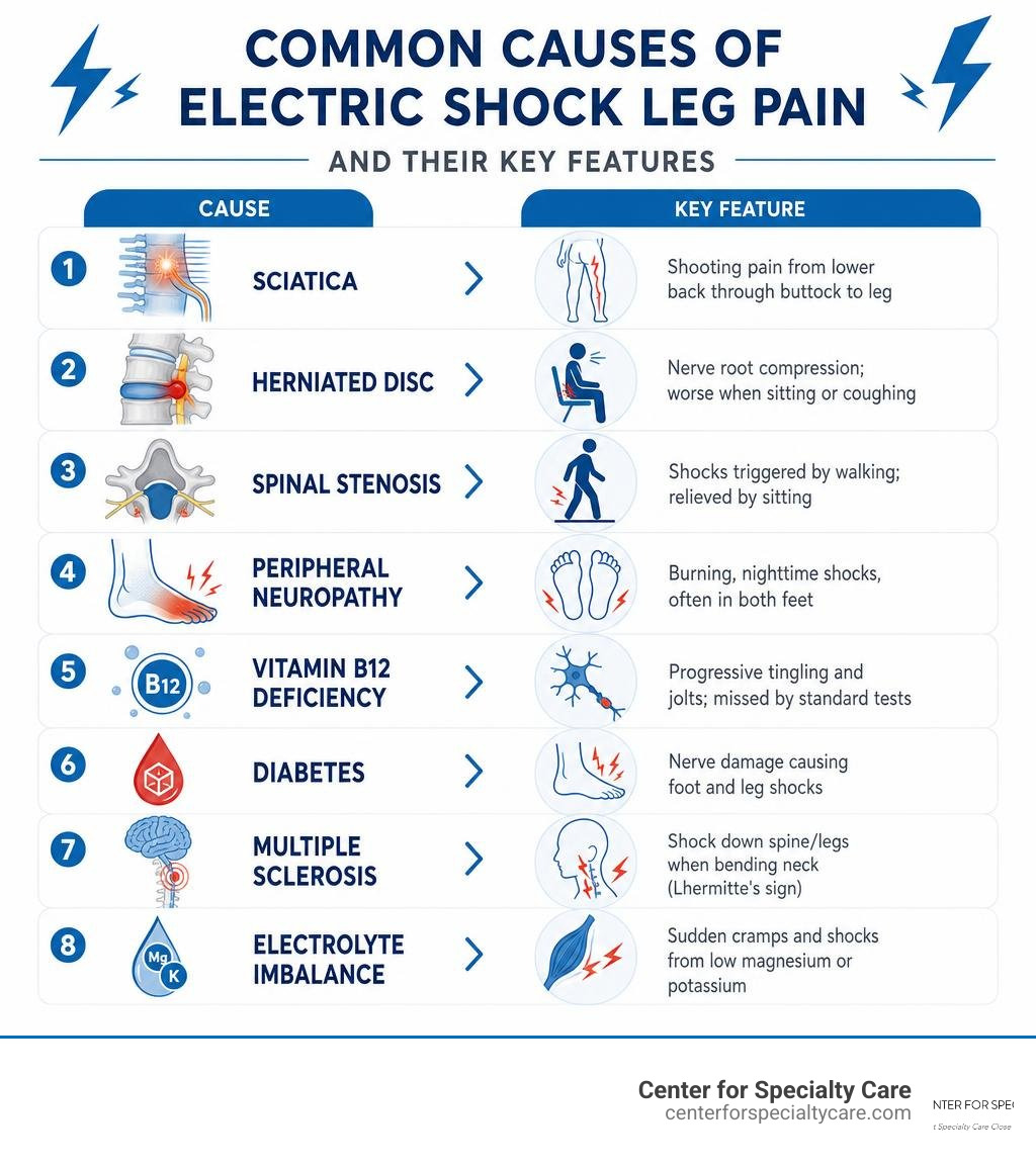 Infographic showing common causes of electric shock leg pain and their key features infographic Infographic showing common causes of electric shock leg pain and their key features infographic