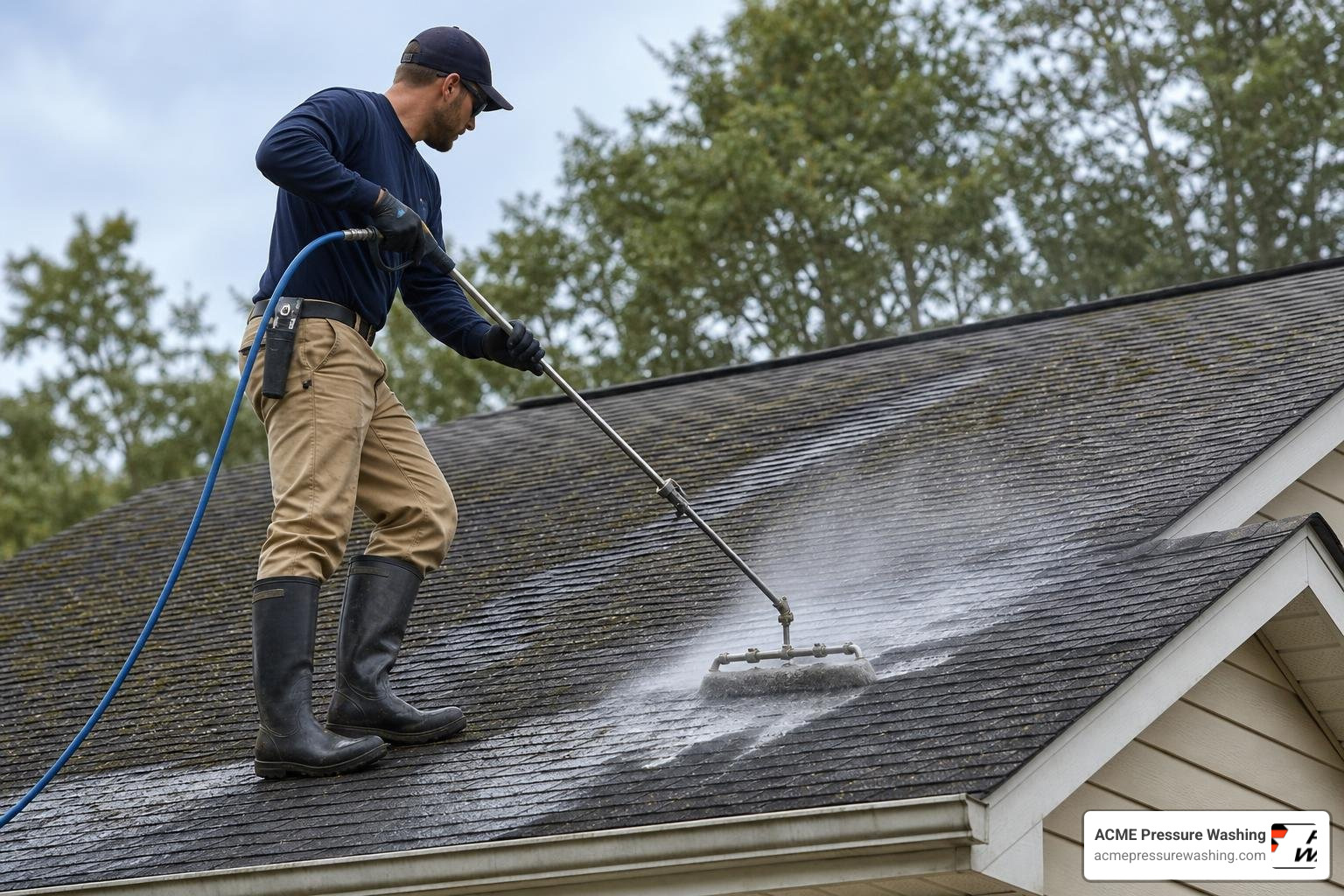 technician using low-pressure roof cleaning equipment